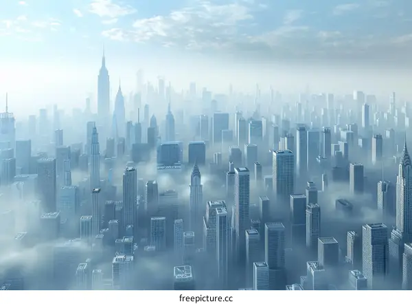 Panoramic City Skyline With Modern Skyscrapers In Haze And Sunlight