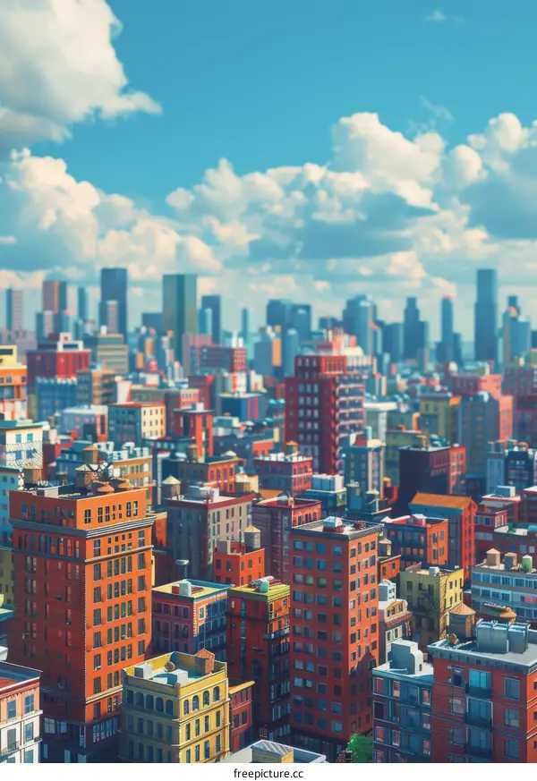 Vibrant Cityscape with Colorful Buildings against Blue Sky