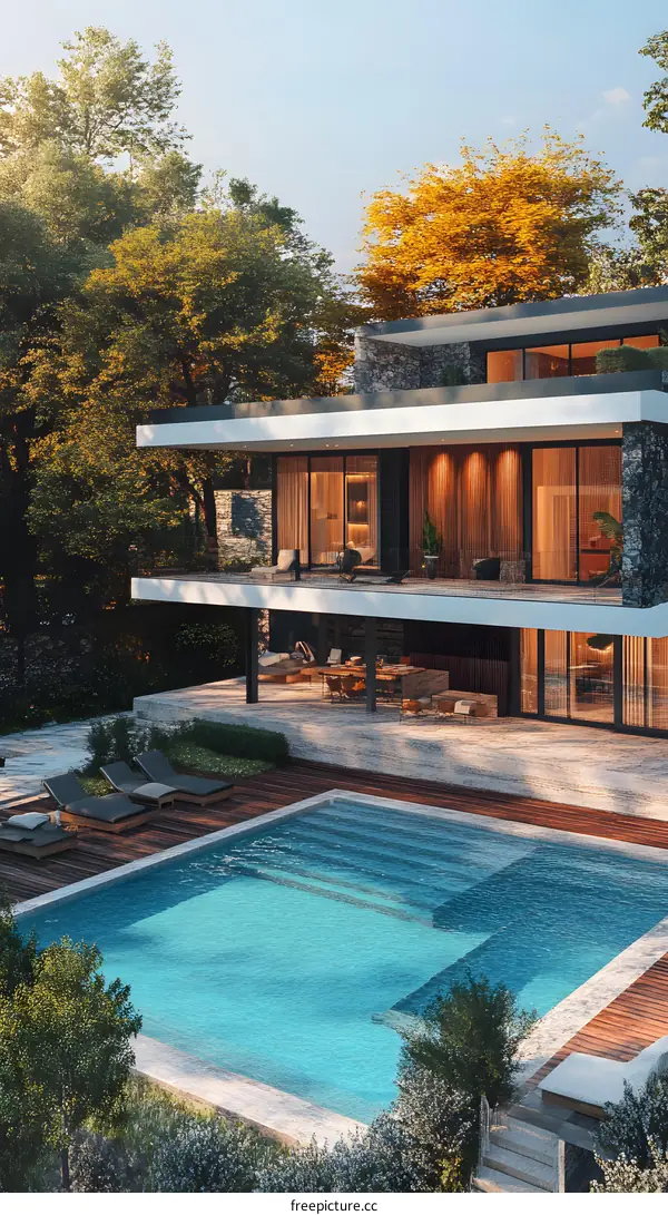 Modern House with Swimming Pool and Lush Greenery