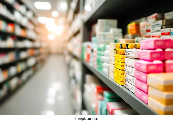 Pharmacy Shelves Filled with Colorful Medicine Boxes