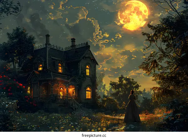 Lady in front of haunted house with full moon