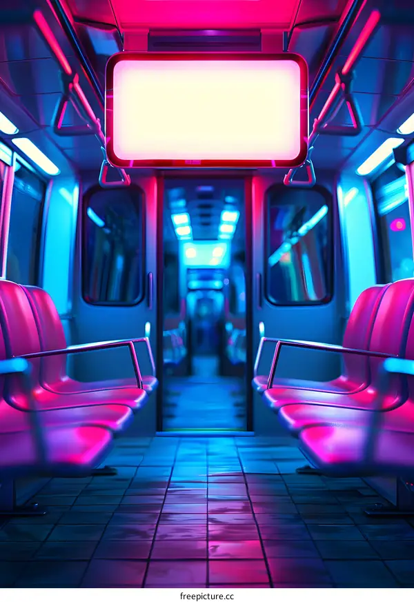 Empty Subway Car With Neon Lights And A Blank Sign