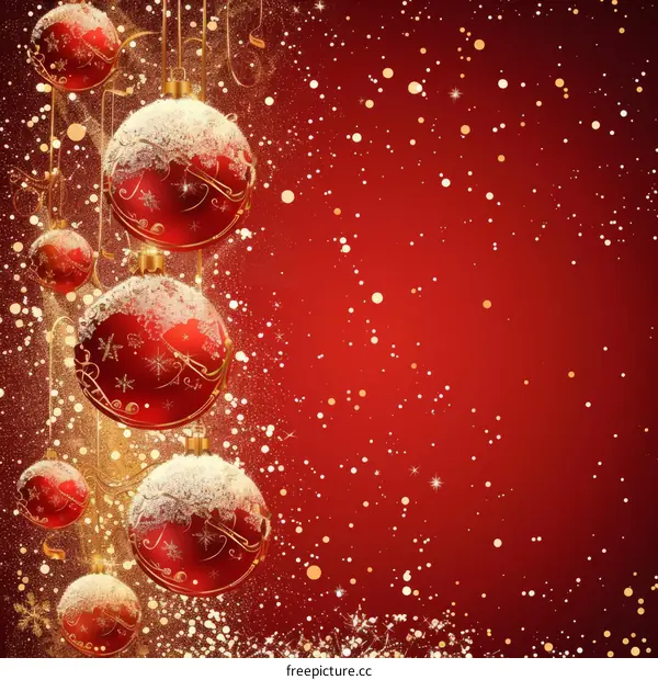 Christmas red balls with golden snowflakes on red background