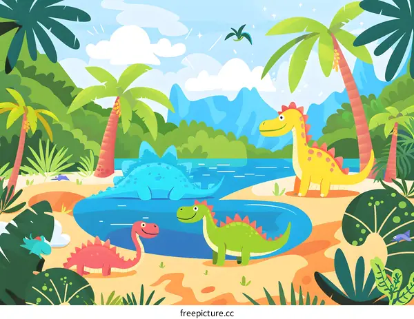 Cartoon Dinosaur Illustration With Green Palm Trees