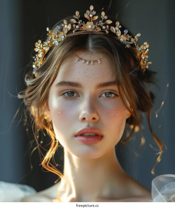 portrait of a beautiful caucasian woman wearing a golden headpiece