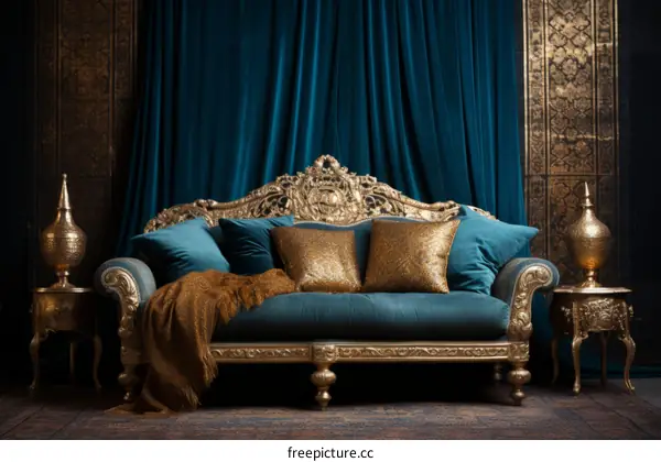 ornate gold and blue couch with patterned gold pillows and gold blanket