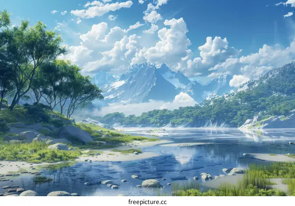 Mountain Landscape with River and Trees
