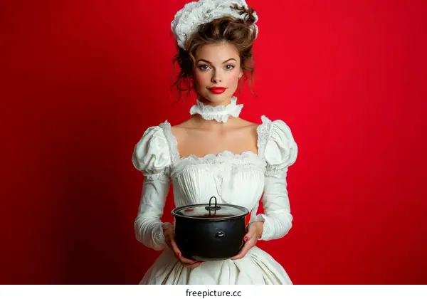 Vintage Woman in Elegant Dress Holding a Pot