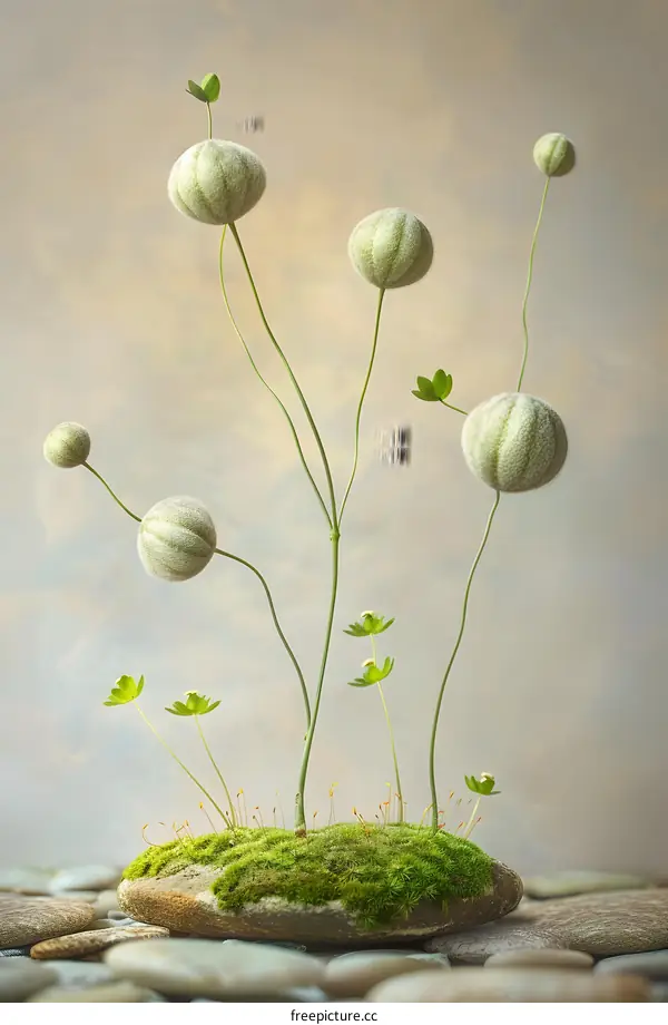 Abstract Green Plants on a Rock with Pebbles