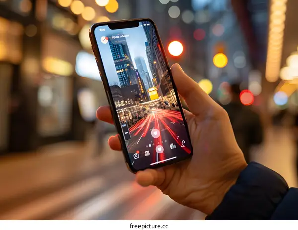 Hand Holding Smartphone Showing Cityscape