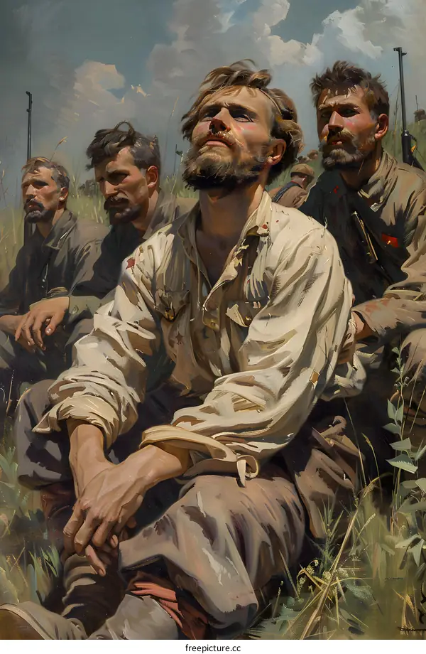 Four Soldiers Looking Up at the Sky in a Field