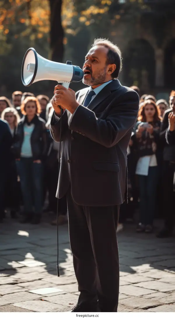 Man in suit giving speech with megaphone to crowd of people