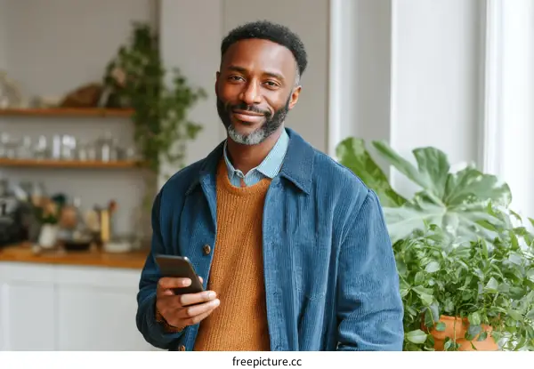 African Man Using Mobile Phone in Kitchen