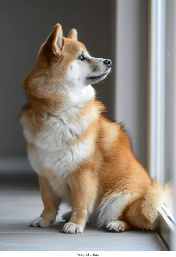 A cute Shiba Inu dog is sitting on the floor and looking out the window