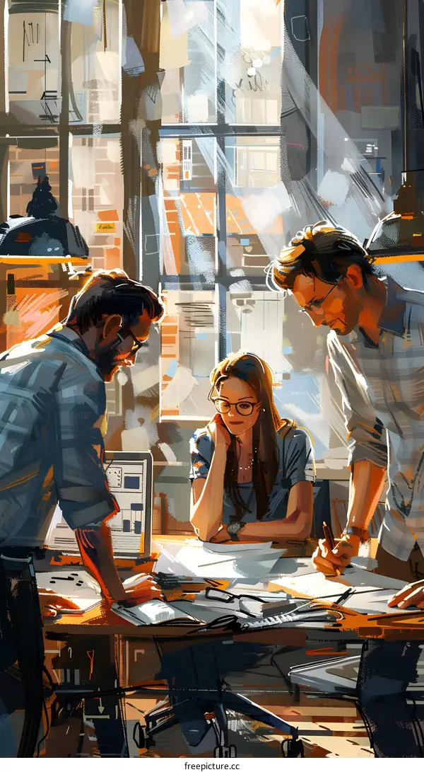 Three business people discussing a project in an office