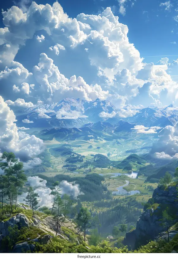 Fantasy Landscape with Majestic Mountains, Valleys and Billowing Clouds