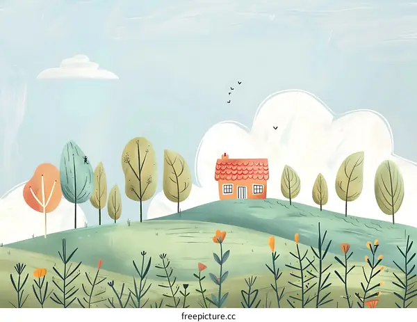 Cute Cottage Illustration with Trees and Flowers