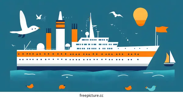 Seagull Flying Over Cruise Ship Illustration