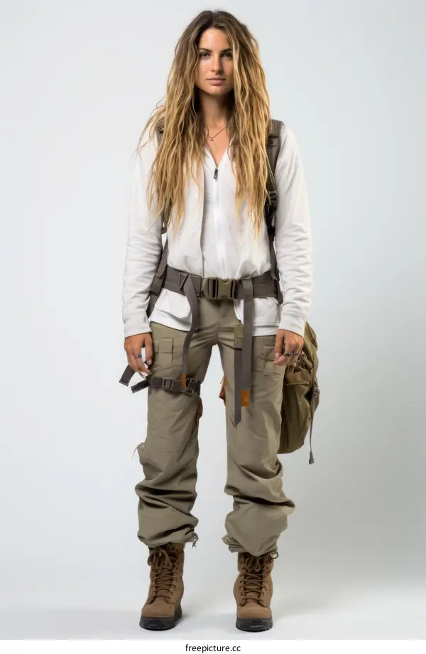 Woman wearing tactical gear and a backpack