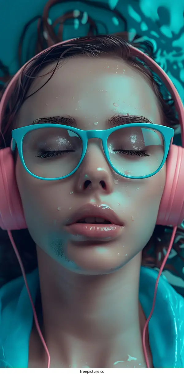 Woman with Blue Glasses and Pink Headphones Listening to Music