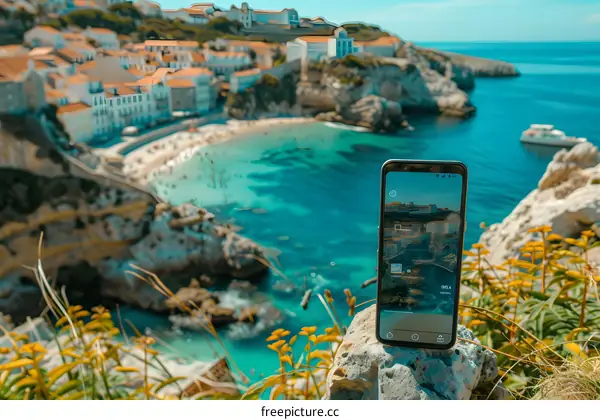 Smartphone Capturing a Coastal View of a Town by the Sea