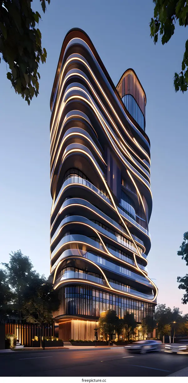 Modern Architecture Building with Curved Lines and Lights