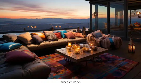 Modern luxury rooftop terrace with stunning sunset mountain view