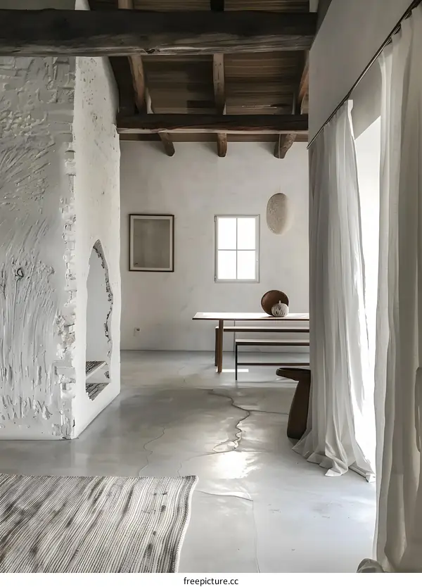 Minimalist Interior Design with White Walls and Wooden Beams