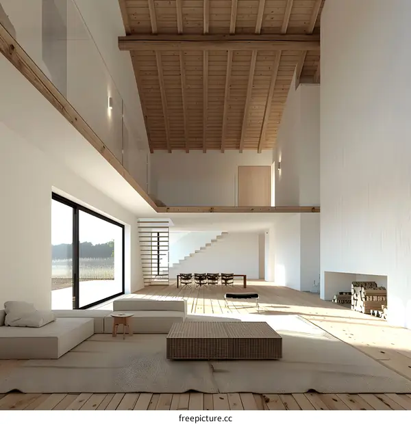 Modern Minimalist Living Room Interior Design with High Ceilings and Wooden Beams
