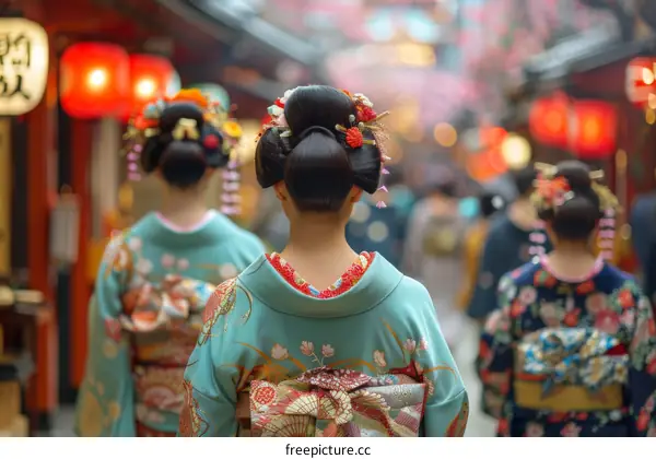 Three Japanese women wearing traditional kimono with floral hair accessories walking down a busy street