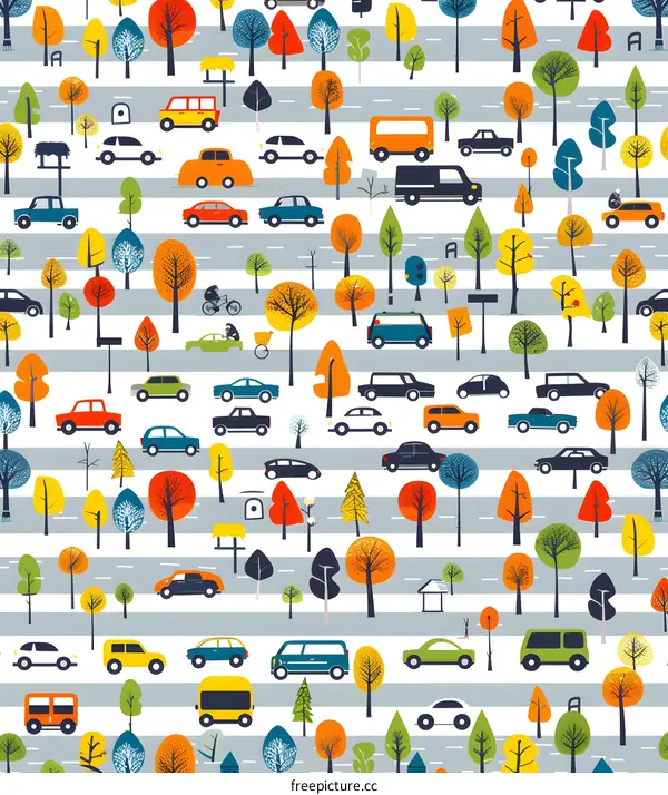 Colorful Cityscape with Cars and Trees Pattern