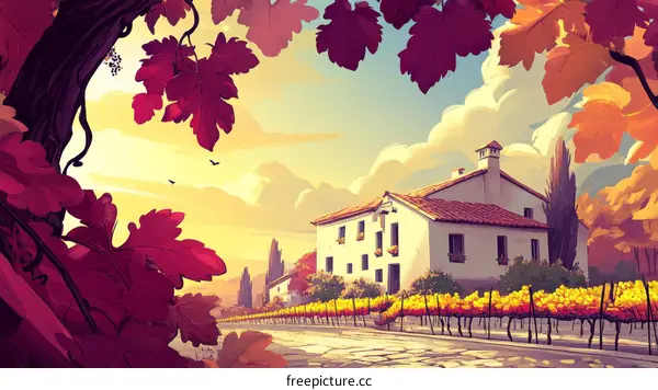 Autumn Vineyard Landscape Illustration