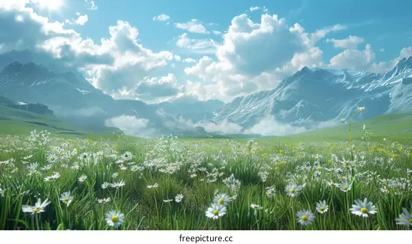 Field of daisies under snow-capped mountains