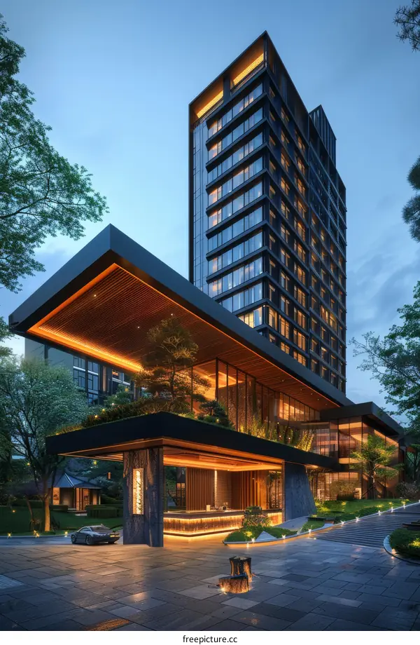 Modern Architectural Design of a Hotel at Twilight