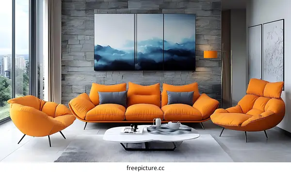 Modern Orange Sofa and Armchair Living Room