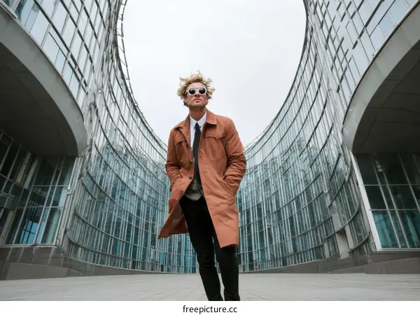 Stylish Man in Brown Coat in front of Modern Architecture