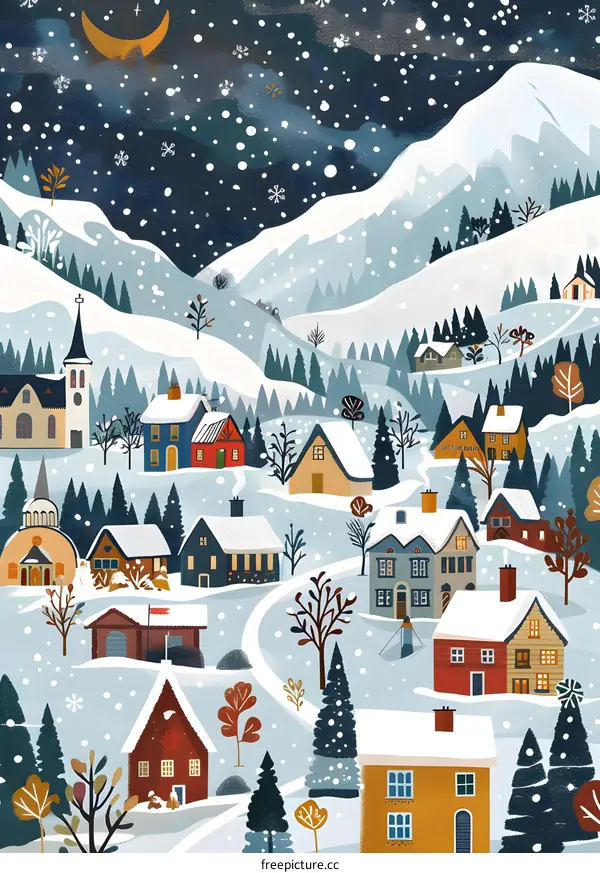 Winter Village Illustration With Snow Falling