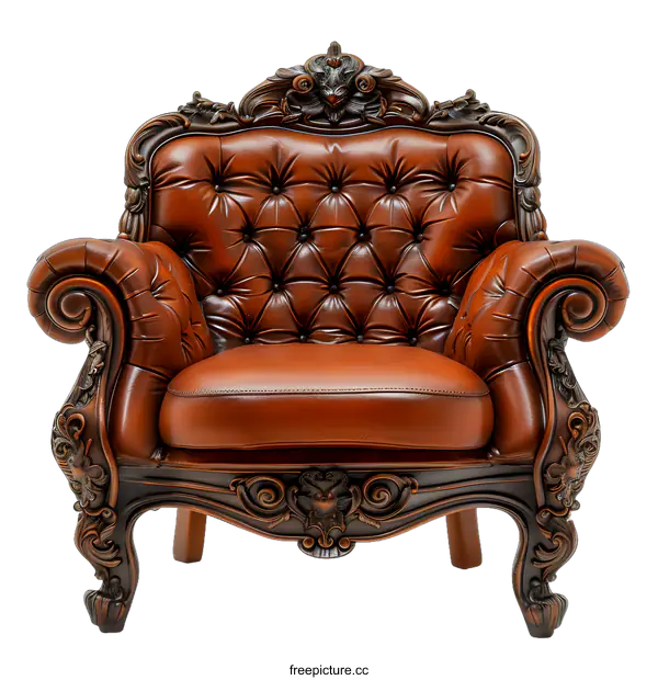 [Transparent Background PNG]Brown Leather Armchair with Carved Wooden Frame