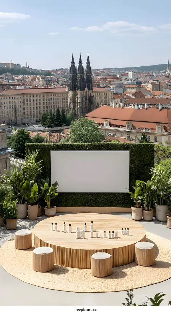 Outdoor Event Space With City View And Blank Screen