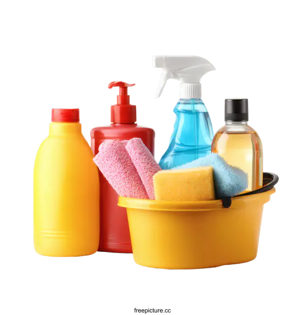 [Transparent Background PNG]Cleaning Supplies and Tools in a Bucket