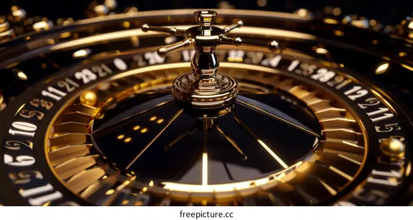 Closeup of a Black and Gold Casino Roulette Wheel