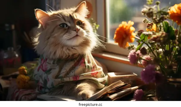Ginger Cat in Floral Shirt Looks Out Window