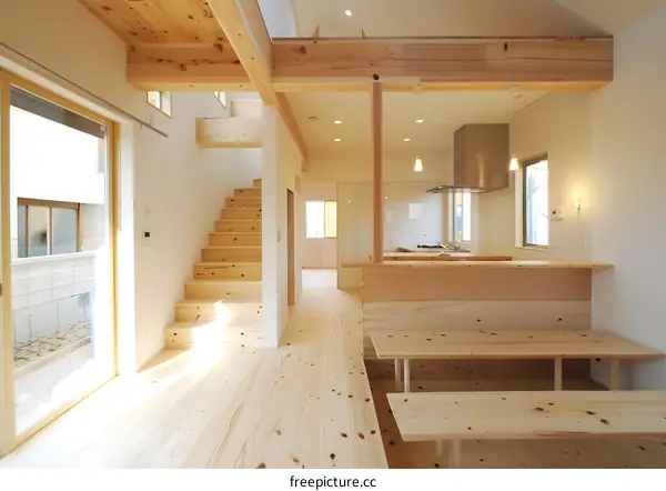 Modern Minimalist Wooden House Interior Design with Staircase and Kitchen Counter