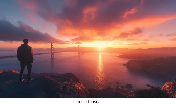 Golden Sunrise Over the Golden Gate Bridge with a Man on a Cliff
