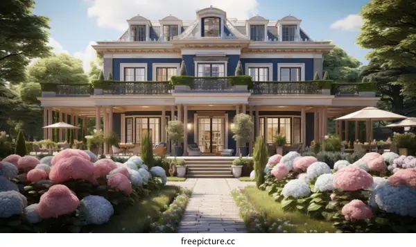 Large Blue Mansion with Lush Garden