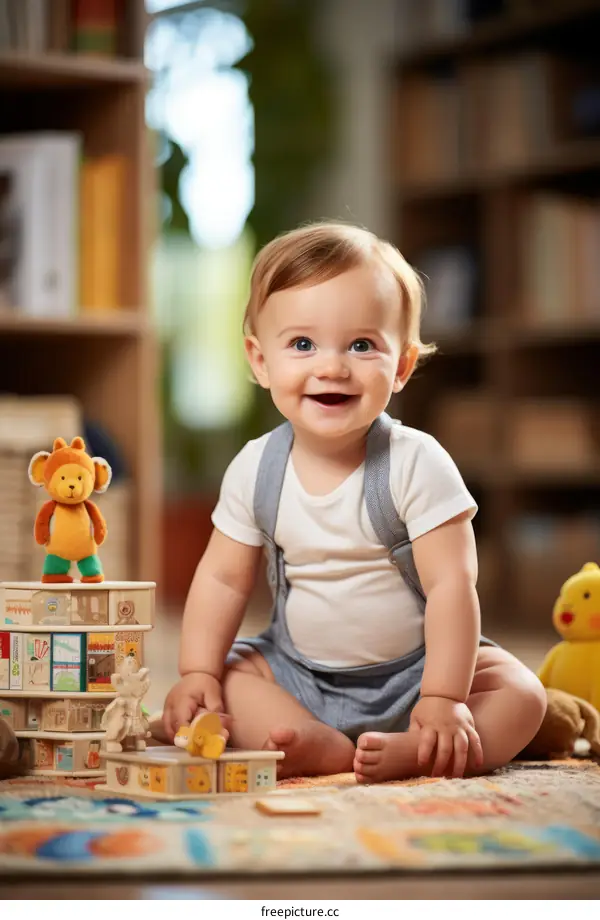 Smiling Baby Playing with Toys in a Bright Room