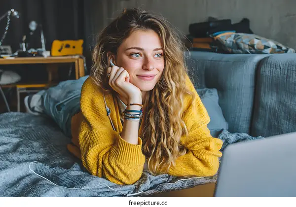 Relaxed Young Woman Using Laptop on Bed