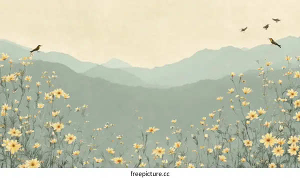 Serene Mountain Meadow with Birds and Flowers