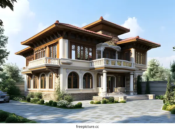 Modern Luxury House with Balconies and Stone Exterior