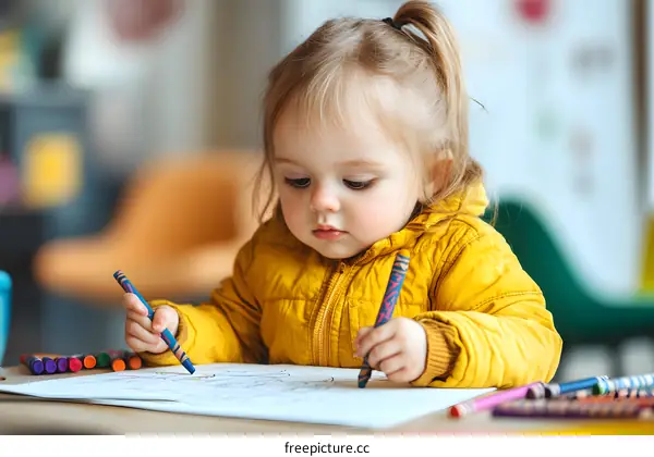 Little Girl Drawing with Crayons